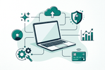 Small business technology illustration featuring a laptop connected to AI, cloud, security, analytics, digital payment and automation symbols in teal and navy.