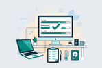 PC health assessment illustration featuring a diagnostic monitor, laptop, checklist, thermometer and storage drive symbols in teal and navy.