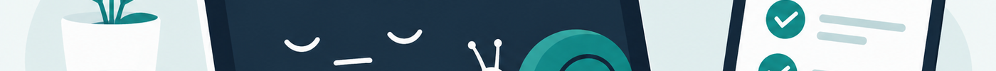 Illustration of a slow laptop with a loading spinner on screen, a snail on the keyboard, a checklist clipboard and a wrench, in teal and navy