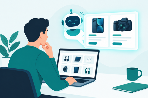 Illustration of a person browsing electronics on a laptop while a friendly AI assistant suggests a smartphone and camera, in teal and navy
