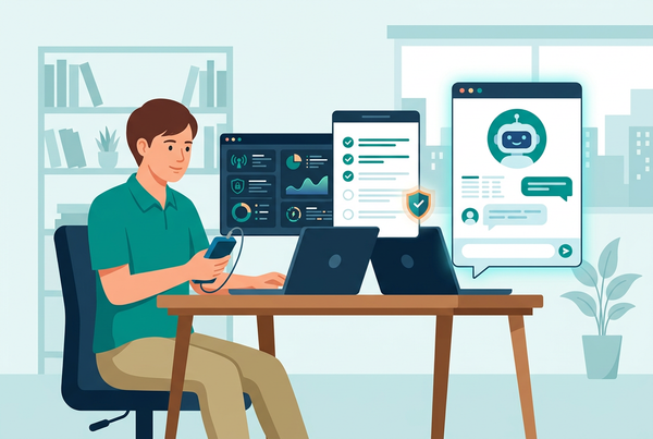 Illustration of an IT technician collaborating with an AI assistant beside a laptop, network monitor, checklist and security shield in teal and navy.