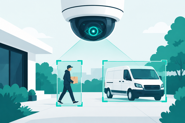 Illustration of a smart dome security camera with an AI eye, detection frames highlighting a person and a delivery van below, in teal and navy