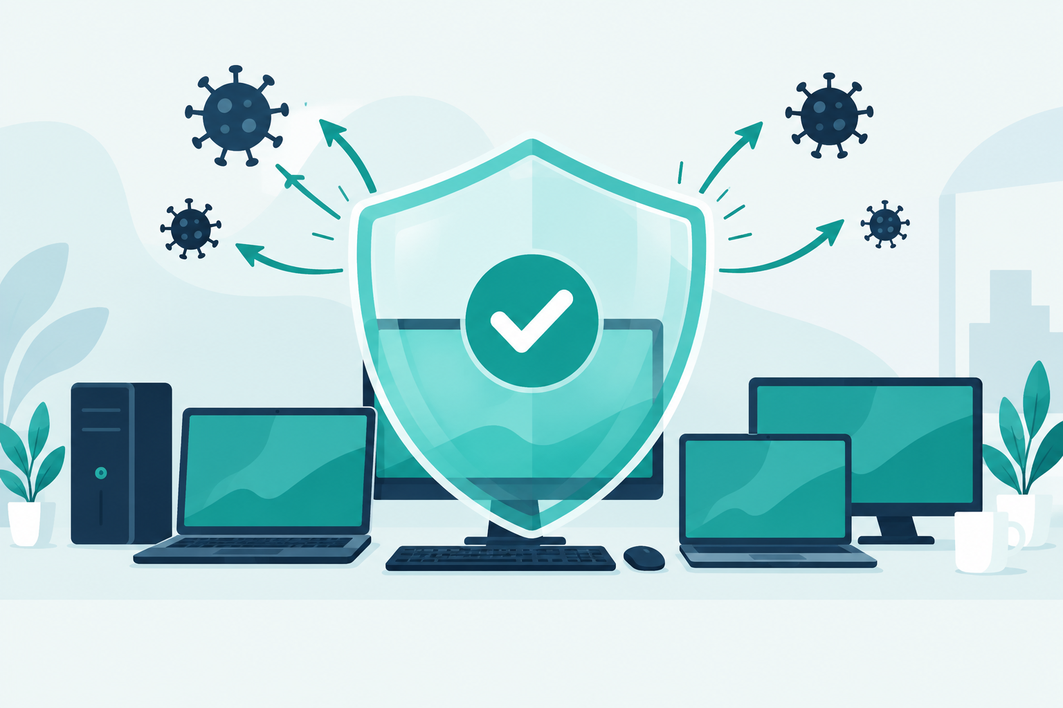 Illustration of office computers and laptops protected by a large translucent teal shield deflecting virus symbols, in teal and navy