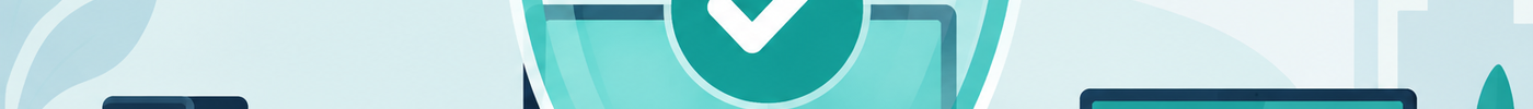 Illustration of office computers and laptops protected by a large translucent teal shield deflecting virus symbols, in teal and navy