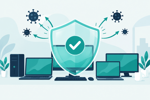 Illustration of office computers and laptops protected by a large translucent teal shield deflecting virus symbols, in teal and navy