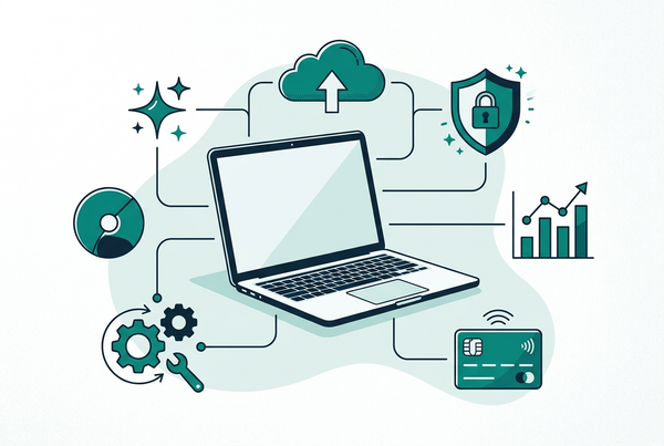 Small business technology illustration featuring a laptop connected to AI, cloud, security, analytics, digital payment and automation symbols in teal and navy.