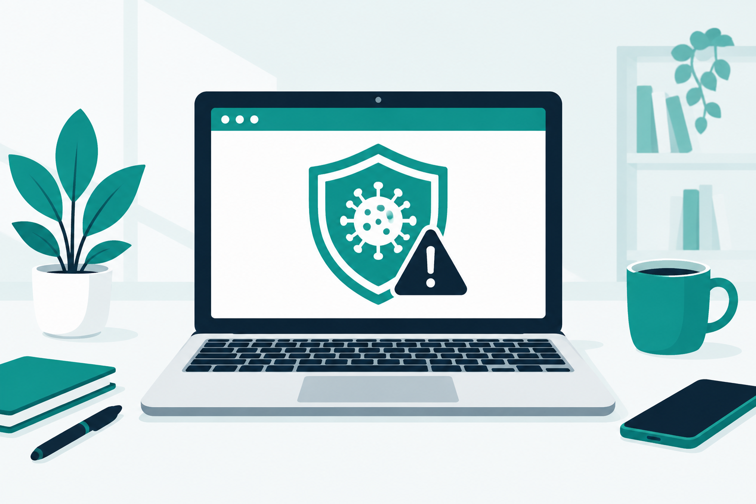 Illustration of a laptop on a desk showing a virus alert inside a protection shield, in teal and navy