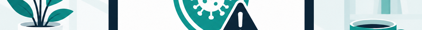 Illustration of a laptop on a desk showing a virus alert inside a protection shield, in teal and navy