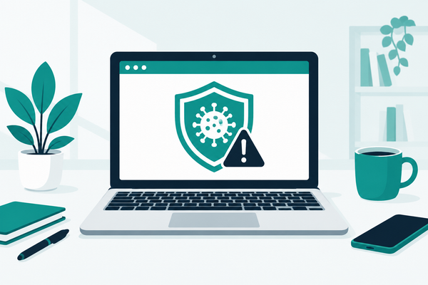 Illustration of a laptop on a desk showing a virus alert inside a protection shield, in teal and navy