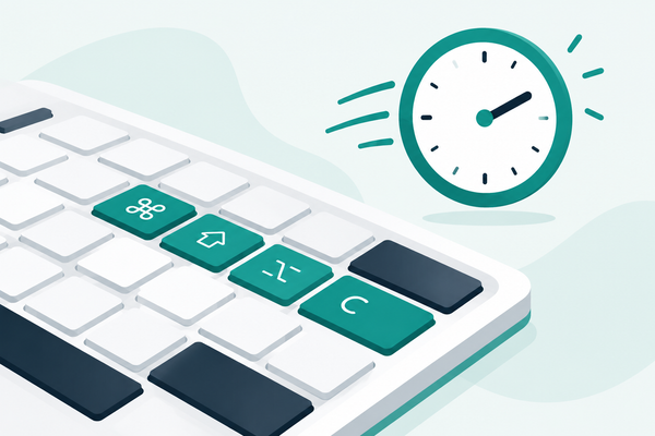 Illustration of a white keyboard with highlighted teal shortcut keys and a floating clock showing time saved, in teal, navy and white