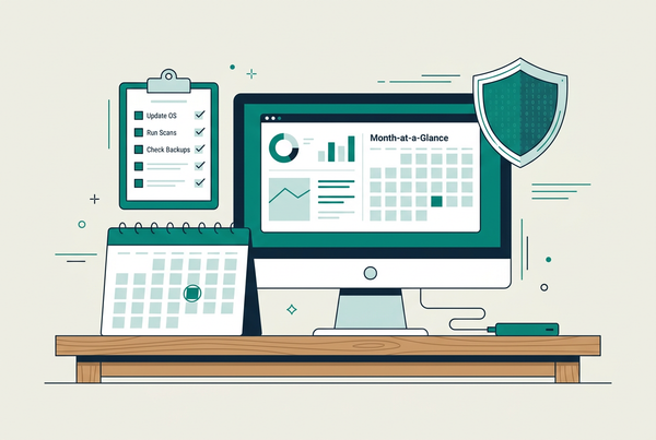 Monthly computer maintenance illustration with a desktop PC, calendar, checklist, backup drive and security shield in teal and navy.