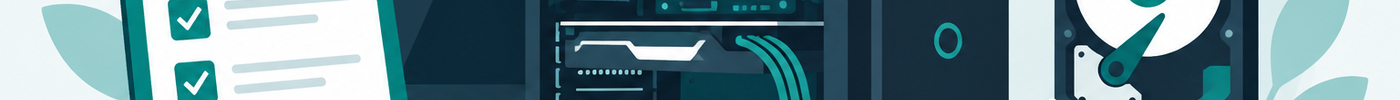 Illustration of a desktop PC with service tools, a clipboard checklist, a hard drive, and a shield with a checkmark, in teal and navy