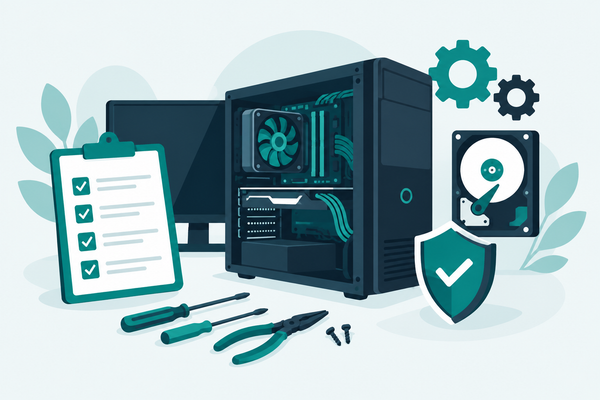 Illustration of a desktop PC with service tools, a clipboard checklist, a hard drive, and a shield with a checkmark, in teal and navy