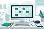 PC cleanup illustration with an organised desktop monitor, keyboard, microfiber cloth, soft brush, backup drive and checklist in teal and navy.