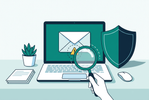 Phishing awareness illustration with a laptop, suspicious email envelope, warning symbol, magnifying glass and protective shield in teal and navy.