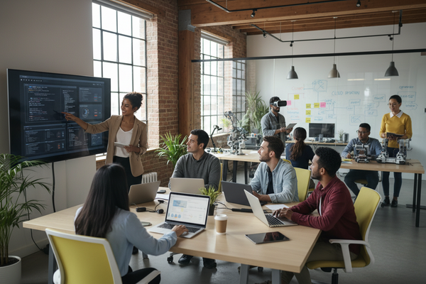 Diverse IT team in modern training and collaboration session focused on customer outcomes