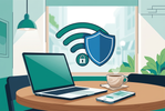 Illustration of a laptop and smartphone on a café table with a Wi-Fi symbol, protective shield and lock in teal and navy.