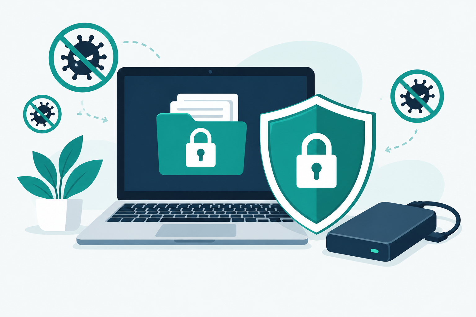 Ransomware protection illustration featuring an office laptop, a security shield and a separate backup drive in teal and navy.