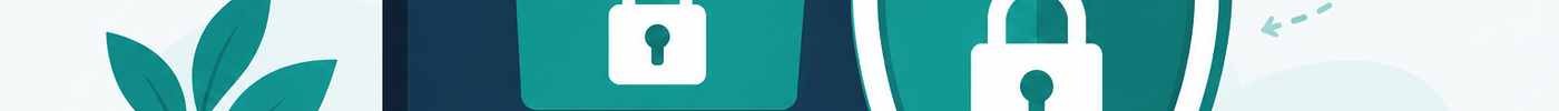 Ransomware protection illustration featuring an office laptop, a security shield and a separate backup drive in teal and navy.