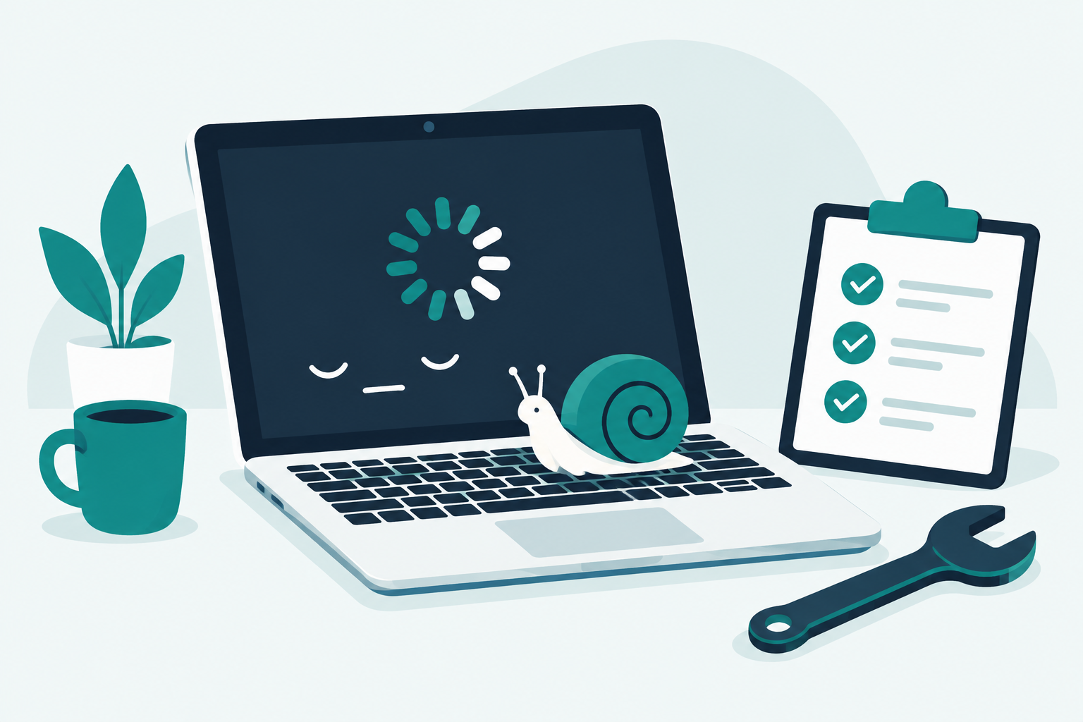 Illustration of a slow laptop with a loading spinner on screen, a snail on the keyboard, a checklist clipboard and a wrench, in teal and navy