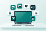Illustration of a small business digital toolkit with a laptop and icons for AI, cloud storage, design, tasks, passwords, analytics, email and spreadsheets.