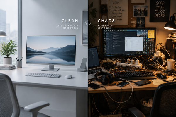 WORKSPACE &amp; PRODUCTIVITY TRENDS The Rise of Desk Minimalism: Clean Workstations vs. Cable Chaos
