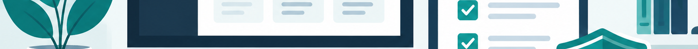 Illustration of a tidy desk with a computer, a clipboard checklist with ticked items, and a security shield, in teal and navy