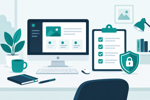 Illustration of a tidy desk with a computer, a clipboard checklist with ticked items, and a security shield, in teal and navy