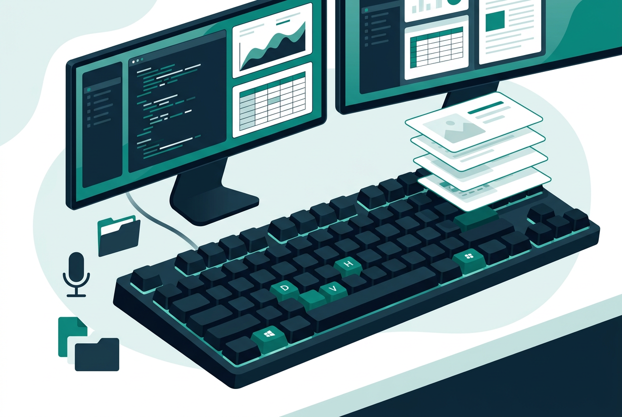 Windows productivity illustration with highlighted keyboard keys, dual monitors, clipboard cards, a microphone and a folder in teal and navy.