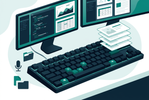 Windows productivity illustration with highlighted keyboard keys, dual monitors, clipboard cards, a microphone and a folder in teal and navy.