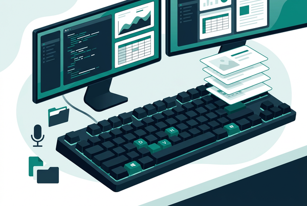 Windows productivity illustration with highlighted keyboard keys, dual monitors, clipboard cards, a microphone and a folder in teal and navy.