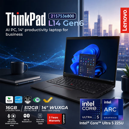 ThinkPad L14 Gen 6 Core Ultra 5 225U 14 16GB 512GB DOS-3Y