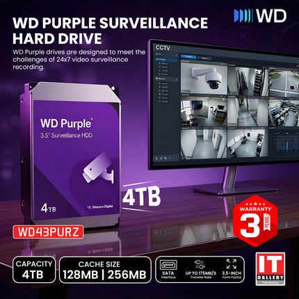 WD44PURZ-4TB WD Purple Surveillance Hard Drive - 4TB