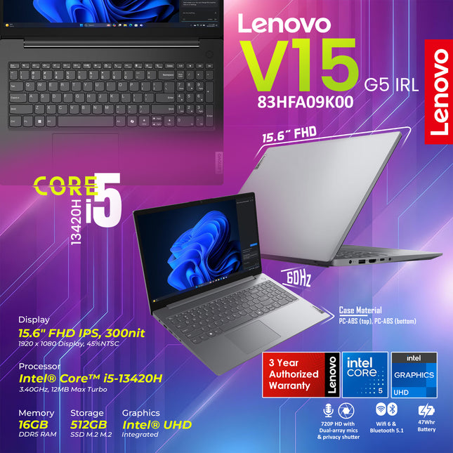 Lenovo V15 G5 IRL, Intel® Core™ i5-13420H 16GB 512GB 15.6 WIFI BL DOS-3Y & 1Y B & A