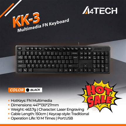 KK-3 A4TECH WIRED KEYBOARD USB BLACK -1Y