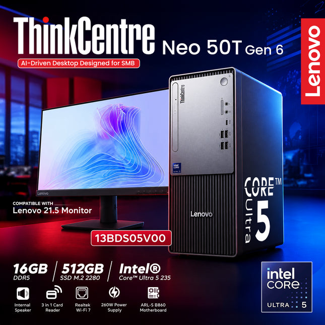 Desktop TC ThinkCentre neo 50t Gen 6 - Ultra 5 235 16GB 512GB DVDRW WIFI BL- DOS-3Y